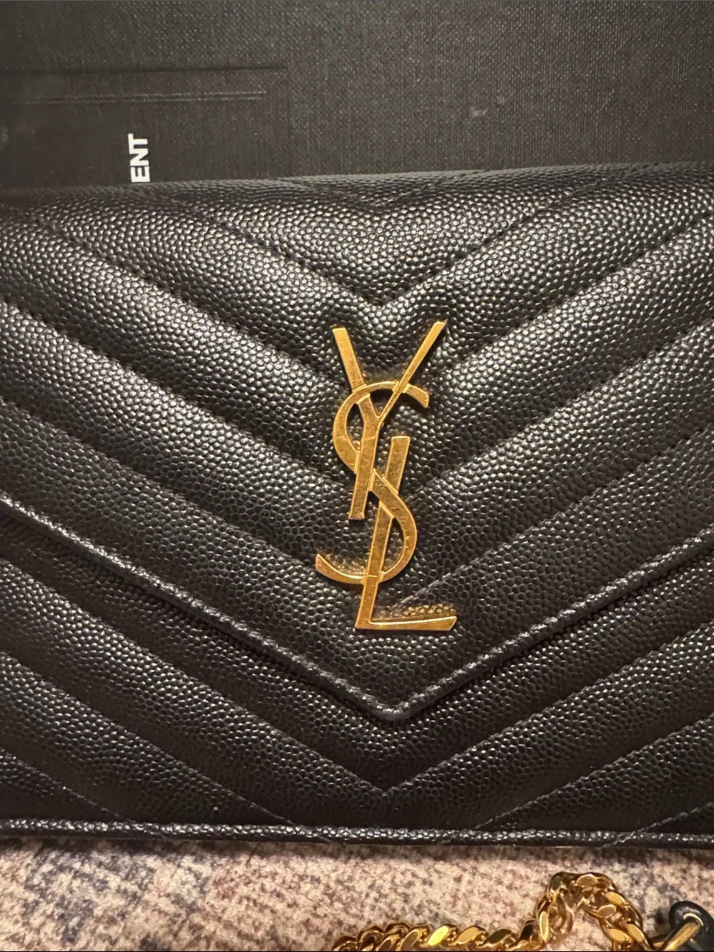 Saint Laurent Black Chevron Quilted Wallet Crossbody with Gold YSL